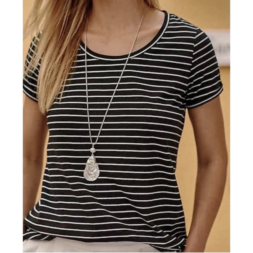 J Jill Everyday Cotton Tee Top sz 2X Black White Stripe Rolled Cuffs Cotton Flaw